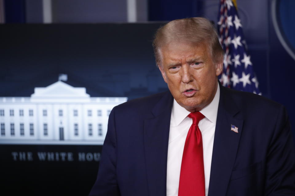 President Donald Trump speaks during a briefing with reporters in the James Brady Press Briefing Room of the White House, Monday, Aug. 3, 2020, in Washington.(AP Photo/Alex Brandon)