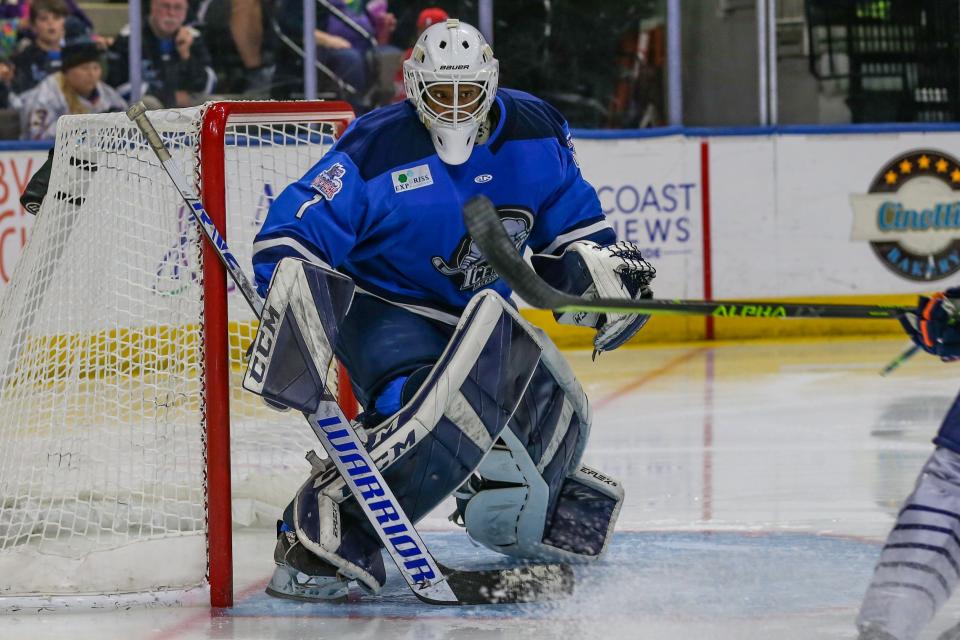 Icemen goaltender Charles Williams (1) guards his net during Friday's ECHL playoff hockey game against the Greenville Swamp Rabbits