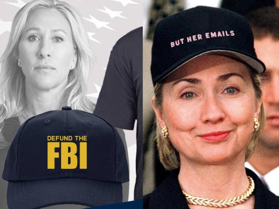 A composite image of Marjorie Taylor Greene and Hillary Clinton's campaign merch