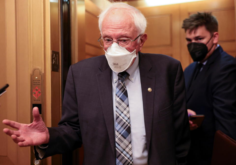 U.S. Senator Bernie Sanders (I-VT) steps off an elevator as he arrives prior to the weekly Senate Democratic policy lunch at the U.S. Capitol in Washington on September 14, 2021. (Evelyn Hockstein/Reuters)