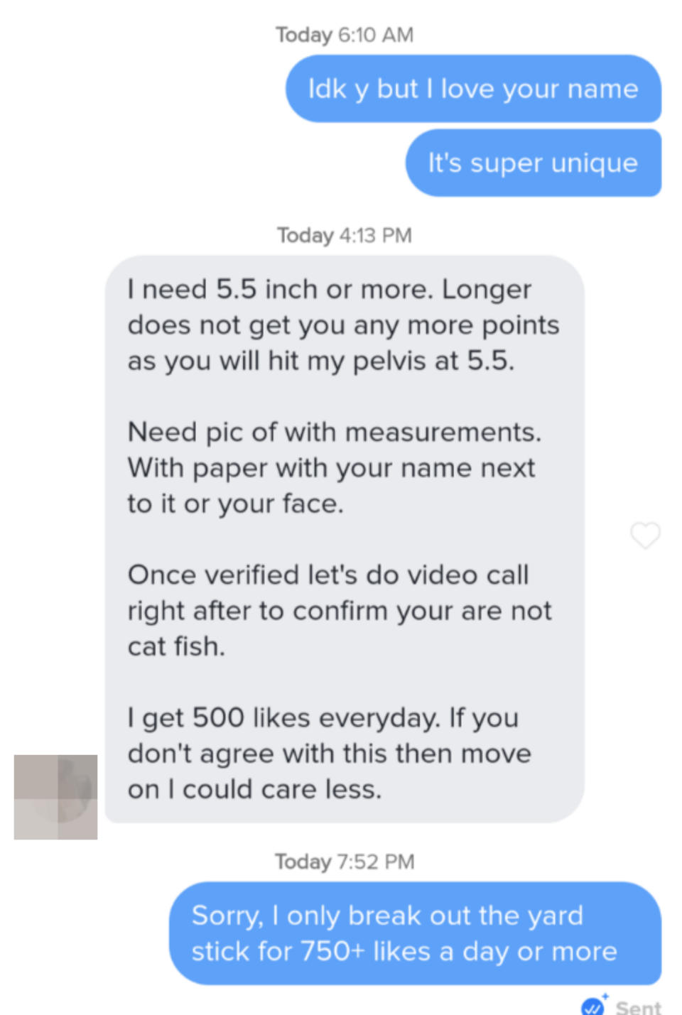 person saying they need person's measurements sent, a photo with their name and a video chat so they're not being cat fished