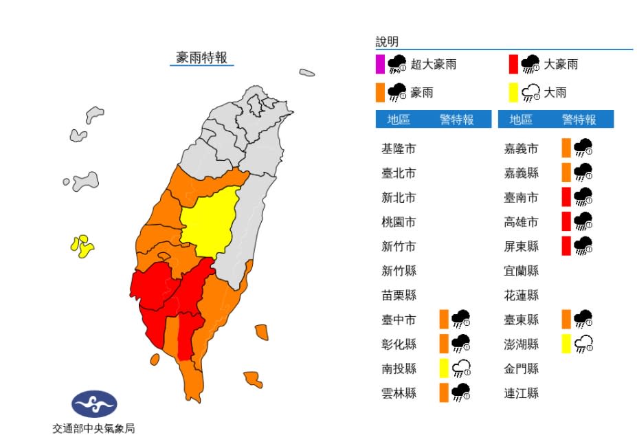 大豪雨示警範圍台南市、高雄市及屏東縣山區，請嚴防致災性降雨。   圖/氣象局