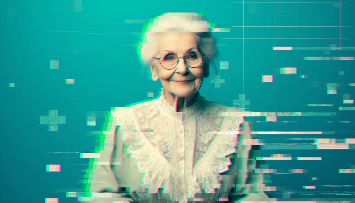  Artificial Intelligence posing as a grandma with glitchy image effects. 