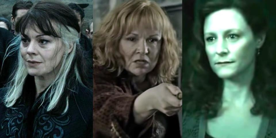 side by side screen grabs of narcissa malfoy, molly weasley, and lily potter from harry potter
