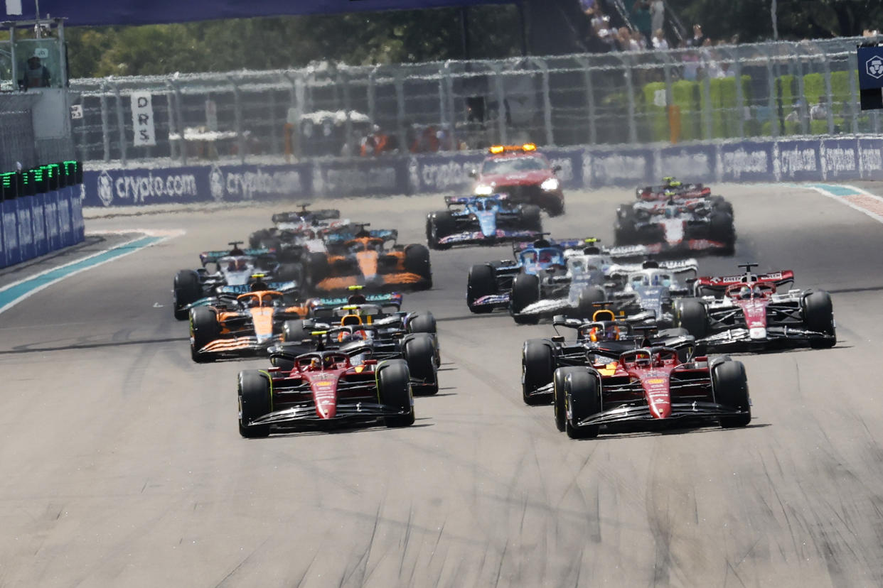 MIAMI GARDENS, FLORIDA - MAY 08: Formula One cars compete during Grand Prix of Miami at the Miami International Autodrome on May 08, 2022 in Miami Gardens, Florida. (Photo by Eva Marie Uzcategui Trinkl/Anadolu Agency via Getty Images)