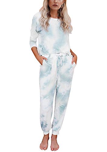 KIRUNDO Women's Tie Dye Pajamas Set Long Sleeves Jogger PJ Sets Two Pieces Crewneck Loungewear Nightwear Sleepwear (S=US4/6, Lake Blue) (Amazon / Amazon)