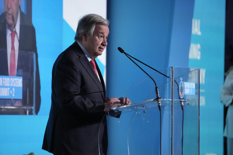 UN Secretary General Antonio Guterres addresses the assembly during the opening session of a three-day U.N. Food and Agriculture Agency's summit on food systems in Rome, Monday, July 24, 2023. (AP Photo/Andrew Medichini)