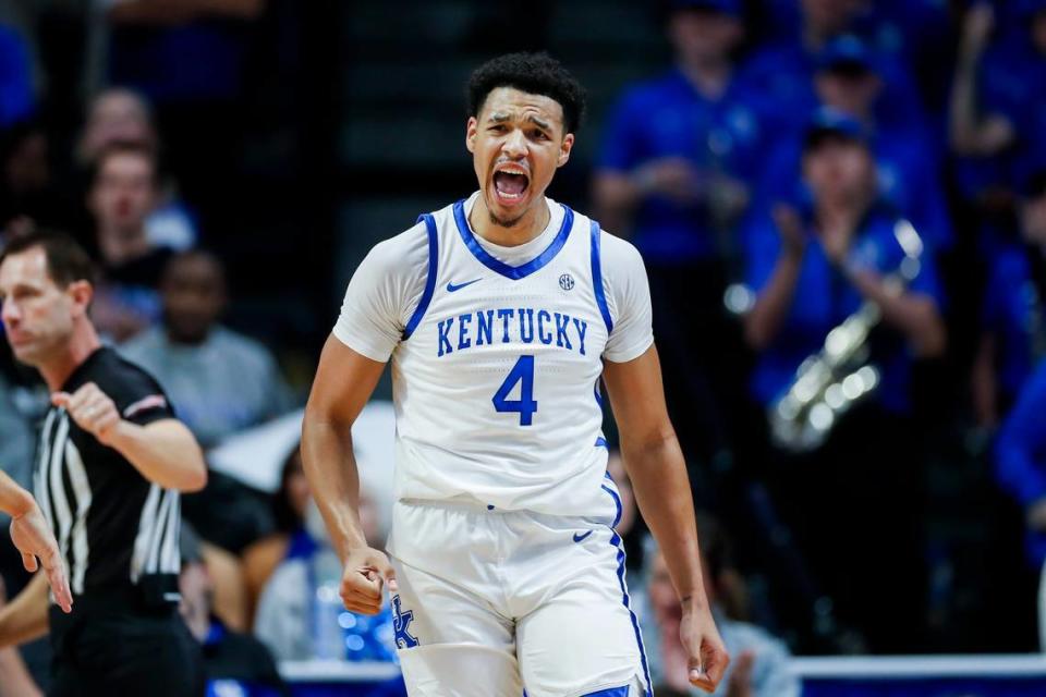 Kentucky forward Tre Mitchell celebrates after New Mexico State committed a turnover during the season opener at Rupp Arena on Nov. 6.