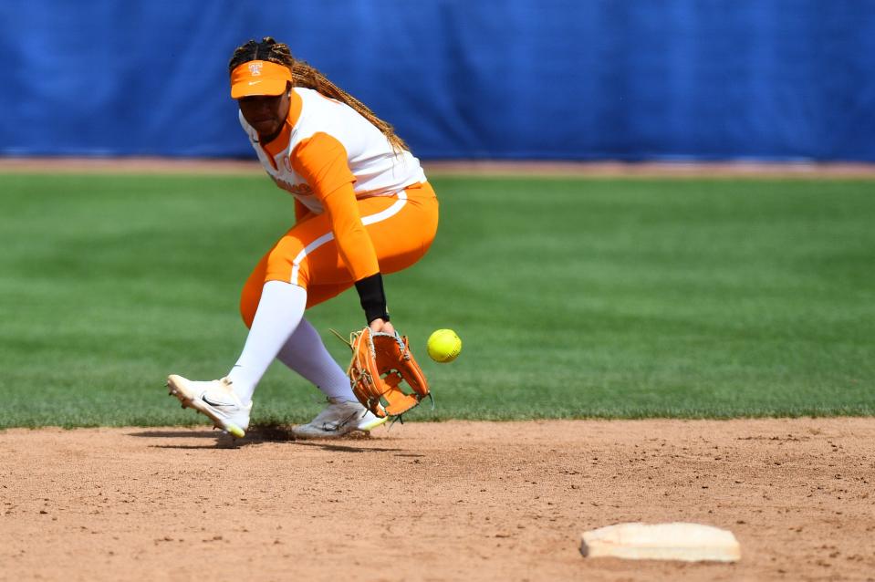 Lair Beautae (2) in infield for Tennessee softball vs South Carolina in SEC Tournament championship on May 13, 2023 in Fayetteville, Arkansas