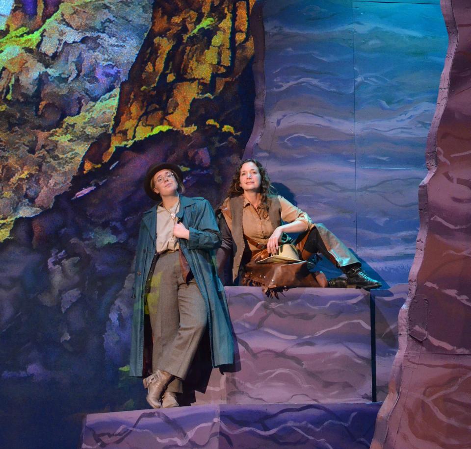 Erin Couch as expedition leader John Wesley Powell and Emily Gifford as hunter and trapper William Dunn are pictured in a scene from "Men on Boats" at the Croswell Opera House.