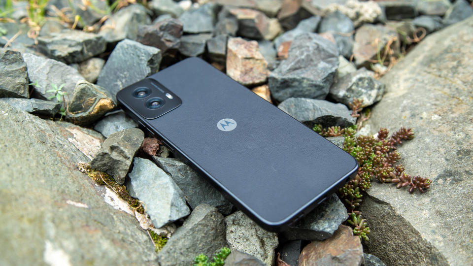 The Moto G Power 5G 2024 on rocks