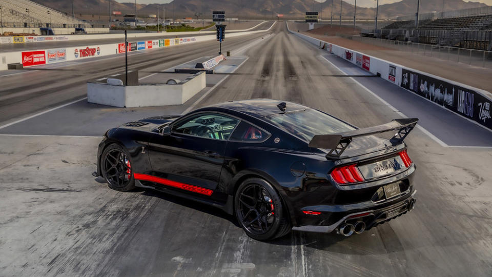 A rear 3/4 view of the Shelby American Ford Mustang GT500 Code Red