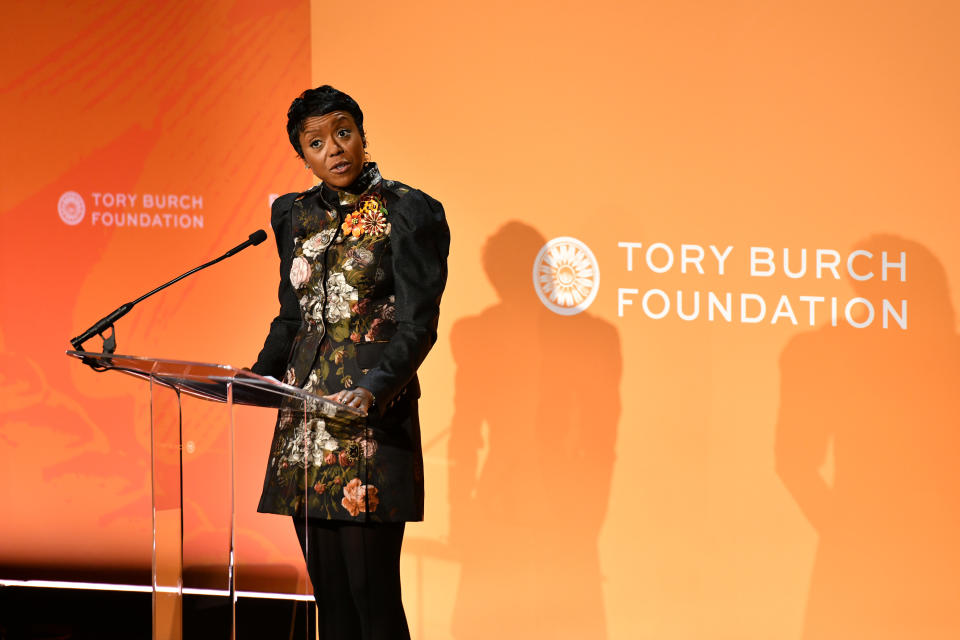 NEW YORK, NEW YORK - MARCH 05: Mellody Hobson, Co-CEO & President, Ariel Investments speaks onstage during the 2020 Embrace Ambition Summit by the Tory Burch Foundation at Jazz at Lincoln Center on March 05, 2020 in New York City.  (Photo by Craig Barritt/Getty Images for Tory Burch Foundation)