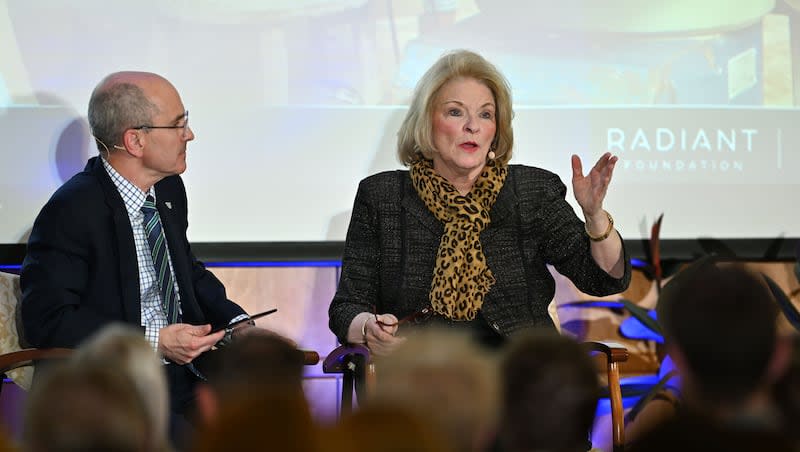 Sheri Dew, author, publisher, the executive vice president of Deseret Management Corporation, sits with Paul S. Edwards, director of the Wheatley Institute, and answers questions from the audience while at BYU in Provo on Wednesday, April 3, 2024.