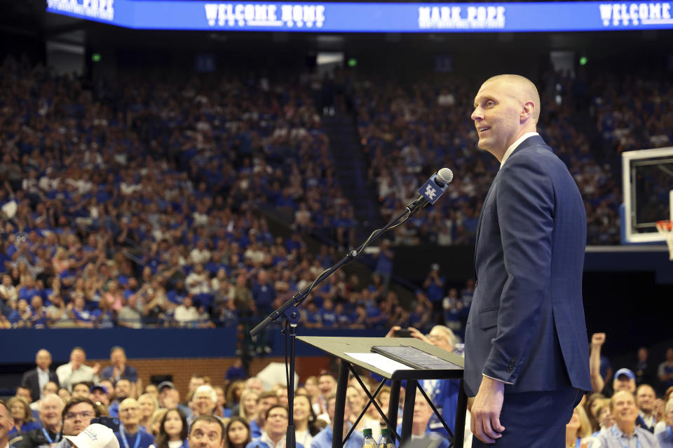 Mark Pope wasn't Kentucky's first choice. But for the fans packing the stands at Rupp Arena Sunday, he was the right choice. (AP Photo/James Crisp)