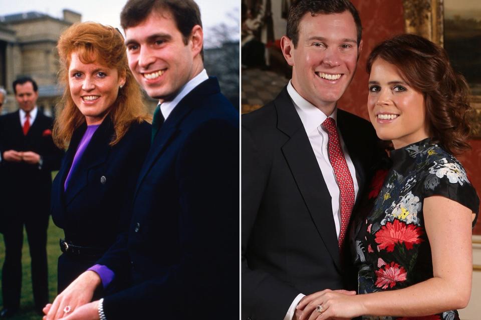 Prince Andrew with Sarah Ferguson at Buckingham Palace after the announcement of their engagement; Princess Eugenie and Jack Brooksbank pose in the Picture Gallery at Buckingham Palace