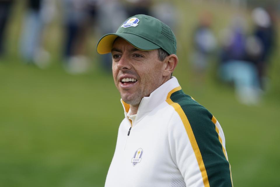 Team Europe's Rory McIlroy smiles on the driving range during a practice day at the Ryder Cup at the Whistling Straits Golf Course Wednesday, Sept. 22, 2021, in Sheboygan, Wis. (AP Photo/Charlie Neibergall)