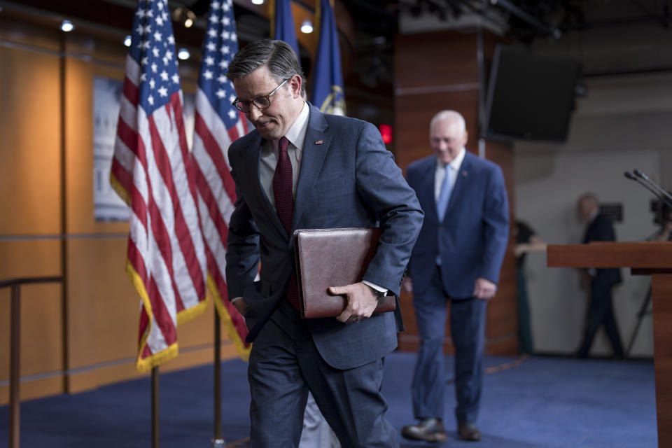 Speaker of the House Mike Johnson, R-La., departs after he and the House Republican leadership met with reporters following a closed-door Republican strategy session as Johnson pushes towards separate votes on aid for Israel and Ukraine, at the Capitol in Washington, Tuesday, April 16, 2024. (AP Photo/J. Scott Applewhite)