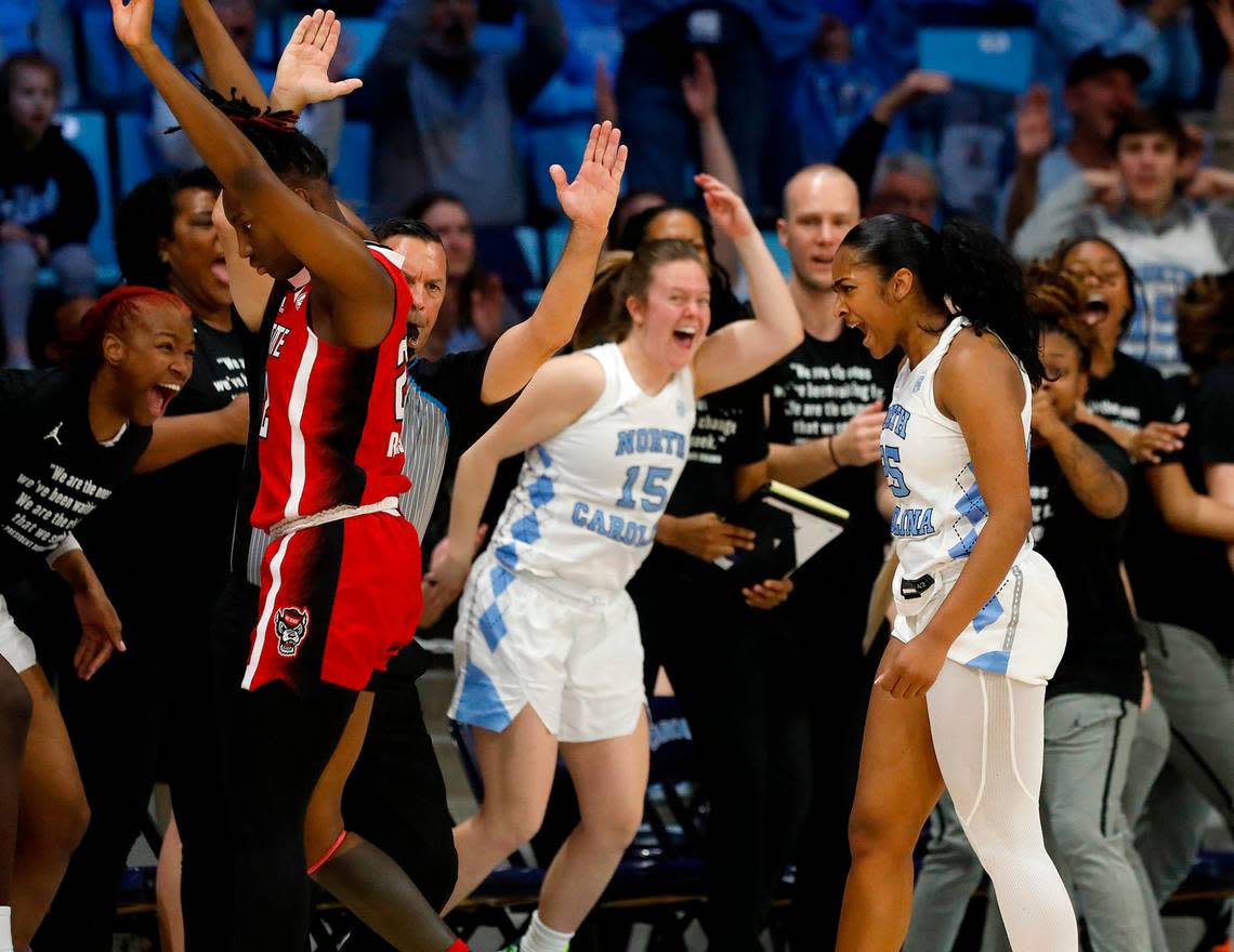 North Carolina’s Deja Kelly reacts after knocking down a basket during the second half of the Tar Heels’ 80-70 win over N.C. State on Thursday, Feb. 22, 2024, at Carmichael Arena in Chapel Hill, N.C.