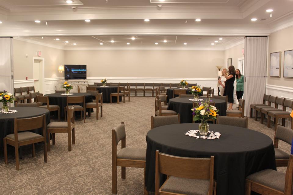 A reception area allows there to be two gatherings at a time at the Powell Chapel of Mynatt Funeral Home.