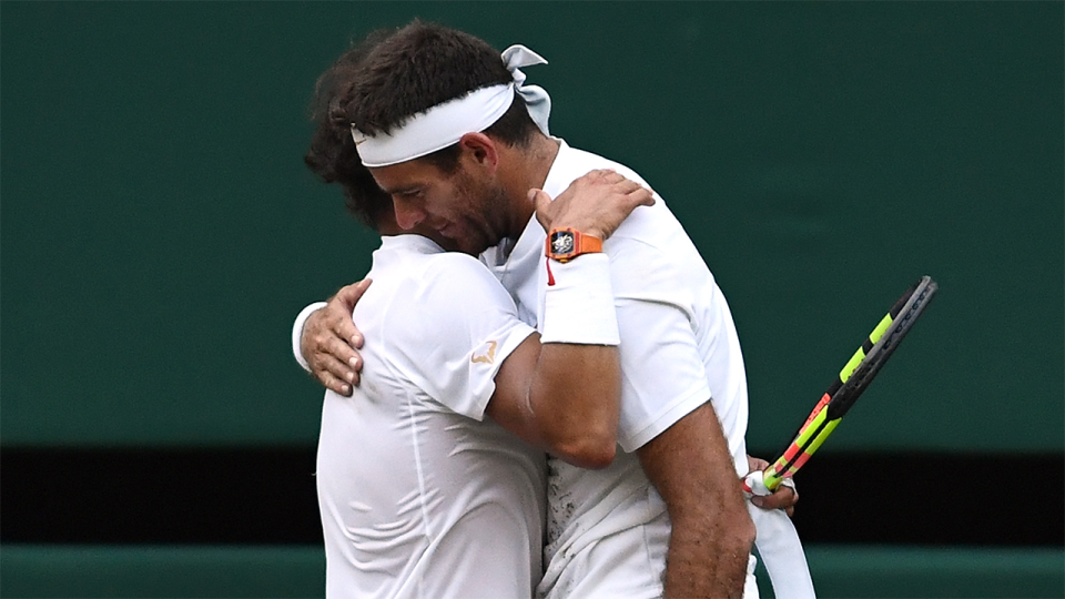 Rafael Nadal embraces Juan Martin Del Potro at Wimbledon. Pic: Getty