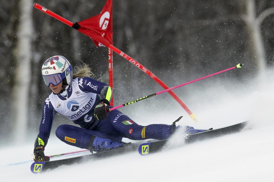 Italy's Marta Bassino competes during an alpine ski, women's World Cup giant slalom in Killington, Vt., Saturday, Nov. 30, 2019. (AP Photo/Charles Krupa)