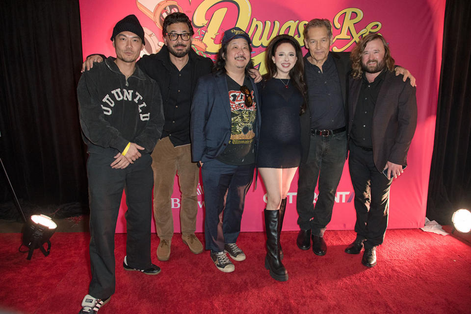 Jonnie "Dumbfoundead" Park, Ali Madrigal, Bobby Lee, Esther Povitsky, James Remar, and Haley Joel Osment attend the Los Angeles premiere of "Drugstore June" at TCL Chinese 6 Theatres on February 20, 2024 in Hollywood, California.