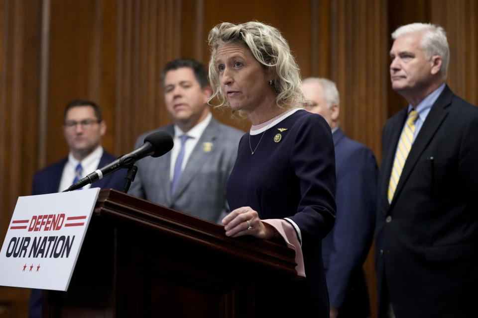 FILE - Rep. Jen Kiggans, R-Va., speaks during a news conference after the House approved an annual defense bill, Friday, July 14, 2023, on Capitol Hill in Washington. The most vulnerable House Republicans whose elections in swing districts next year will determine which party gains control of the chamber are overwhelmingly voicing their support for House Speaker Kevin McCarthy's impeachment inquiry into President Joe Biden. “I think the American people deserve to know the facts and I am looking forward to seeing what the outcome of the inquiry is," said Kiggans. (AP Photo/Patrick Semansky, File)