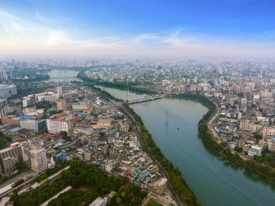 Aerial View of Hatirjheel lakefront in Dhaka, Bangladesh. Dhaka Cityscape. Skyline of Dhaka City. Hatirjheel is located at the centre of the capital city, Dhaka. Landmark of Dhaka City. Tourist attraction of Dhaka City. Bangladesh skyline. Bangladesh landscape. Bangladesh aerial. Dhaka, Bangladesh.