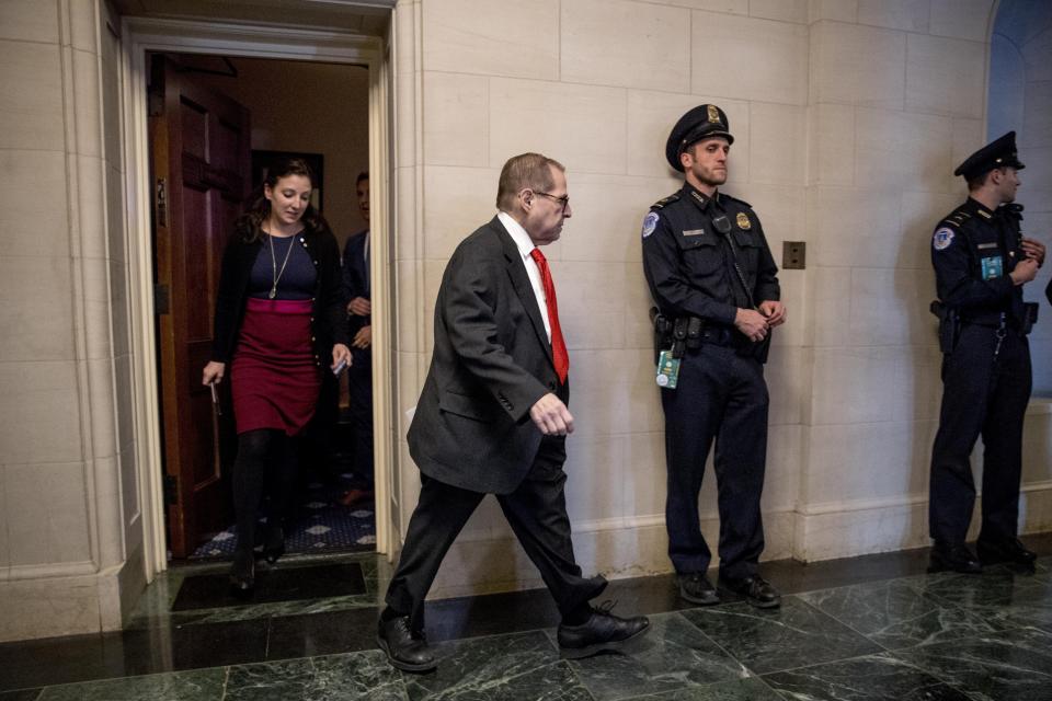 Chairman Jerrold Nadler, D-N.Y. leaves during a break from the House Judiciary Committee markup of the articles of impeachment against President Donald Trump, Thursday, Dec. 12, 2019, on Capitol Hill in Washington. (AP Photo/Andrew Harnik)