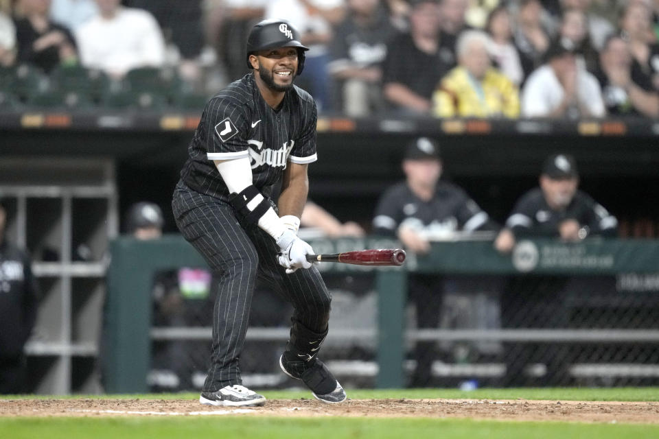 Chicago White Sox's Elvis Andrus reacts after lining out to Miami Marlins first baseman Yuli Gurriel to end the sixth inning of a baseball game Friday, June 9, 2023, in Chicago. (AP Photo/Charles Rex Arbogast)