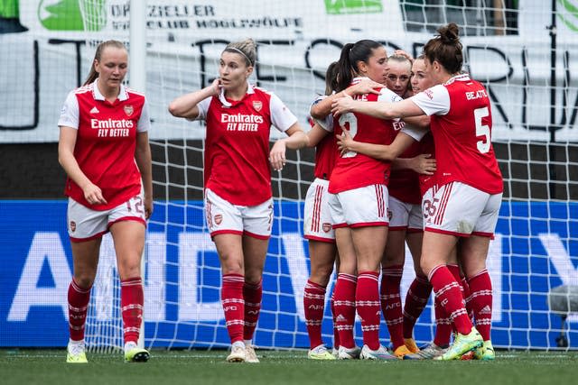 Arsenal’s Stina Blackstenius celebrates with team-mates after scoring