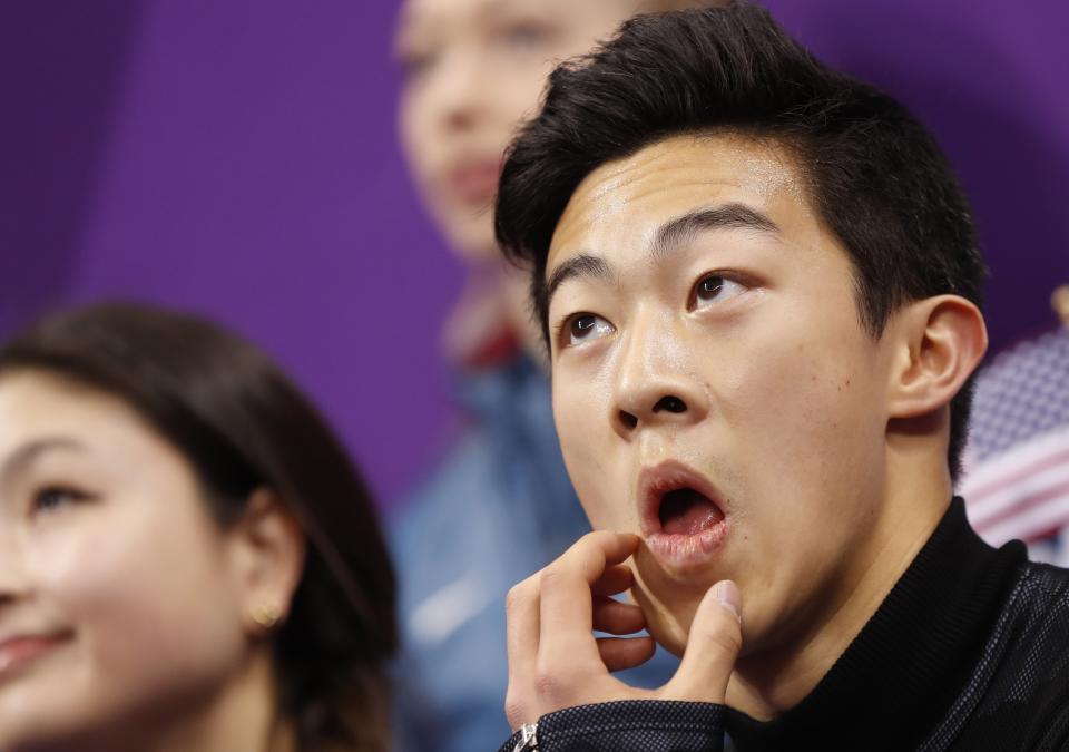 <p>United States’ Nathan Chen waits for his score in the men’s single short program team event at the 2018 Winter Olympics in Gangneung, South Korea, Friday, Feb. 9, 2018. (AP Photo/Bernat Armangue) </p>