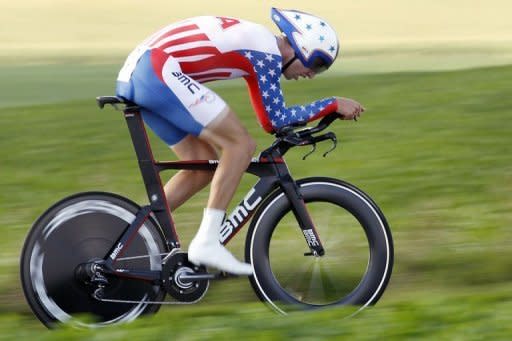 US cyclist Taylor Phinney rides during the time trial at the UCI World Championships cycling in Valkenburg. Germany's Tony Martin on Wednesday successfully defended his world time-trial title, beating Phinney by five seconds over 45.7km in Valkenburg, the Netherlands