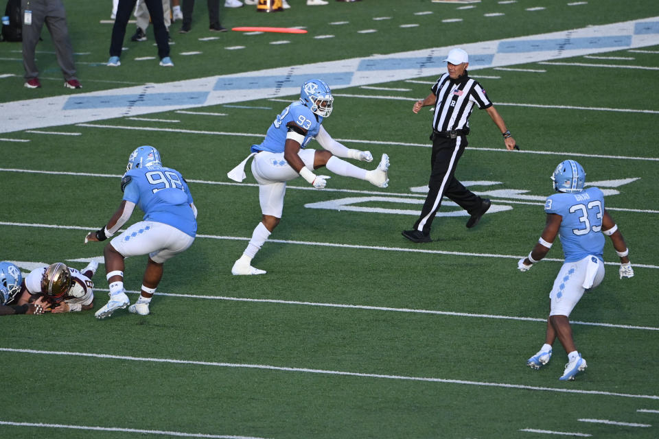 Sep 16, 2023; Chapel Hill, North Carolina, USA; North Carolina Tar Heels defensive lineman Jacolbe Cowan (93) reacts after sacking Minnesota Golden Gophers quarterback Athan Kaliakmanis (8) in the fourth quarter at Kenan Memorial Stadium. Mandatory Credit: Bob Donnan-USA TODAY Sports