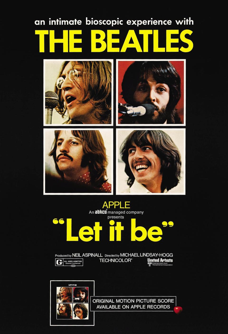 Let It Be, poster, The Beatles-clockwise from top left: John Lennon, Paul McCartney, George Harrison, Ringo Starr, 1970. (Photo by LMPC via Getty Images)