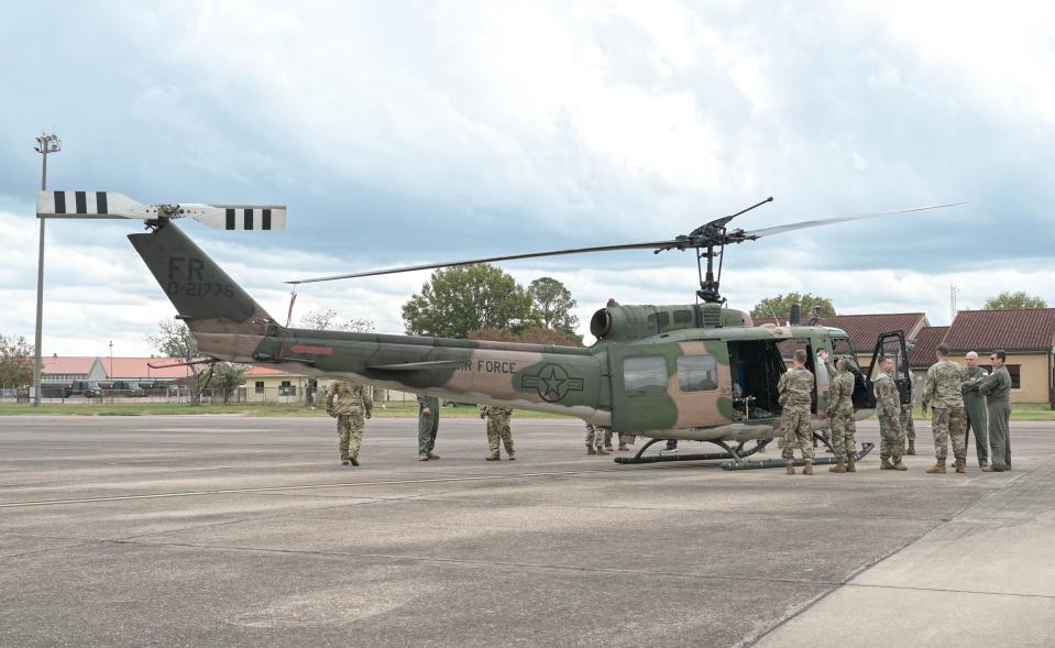 An UH-1N Huey from the 23rd Flying Training Squadron, Fort Rucker, Alabama, visits 908th Airlift Wing members during a Unit Training Assembly at Maxwell Air Force Base, Alabama, Nov. 5, 2022. The helicopter visit was intended to give wing members an introduction to the culture and legacy of the mission the wing is inheriting.