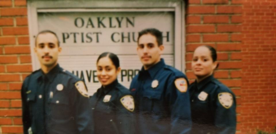 All four Villegas siblings in their respective uniforms stand outside Oaklyn Baptist Church: Carmelo Jr., Romelia, Woody and Belinda in an undated photo.