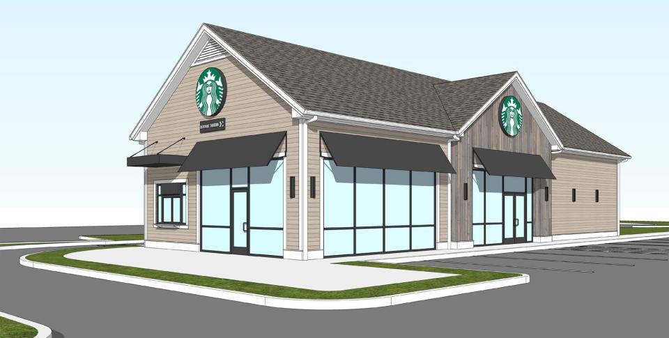 This rendering shows the proposed Starbucks location with a drive-through window at the Aquidneck Centre in Middletown.