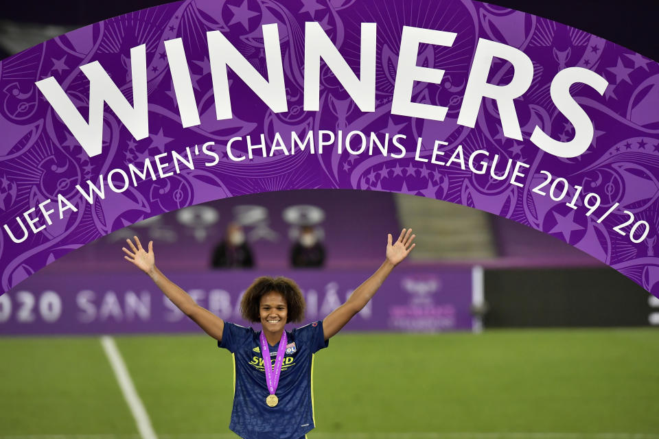 FILE - Lyon's team captain Wendie Renard celebrates after winning the Women's Champions League final soccer match between Wolfsburg and Lyon at the Anoeta stadium in San Sebastian, Spain, Sunday, Aug. 30, 2020. The Women's World Cup, co-hosted by New Zealand, kicks off on July 20, which is also when Renard turns 33. She has played 144 internationals and scored 34 goals for France. (AP PhotoAlvaro Barrientos, Pool, File)