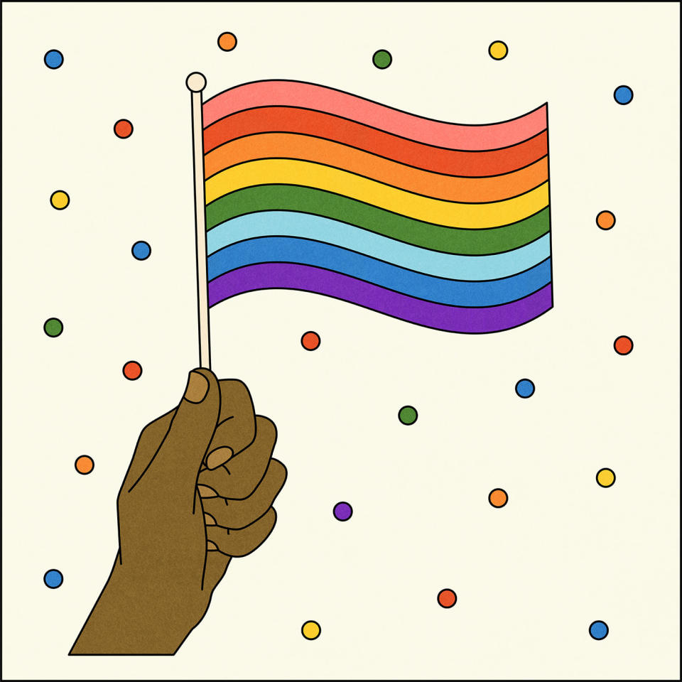 Illustration of hand holding Original eight colored pride flag (Allie Sullberg for TODAY)