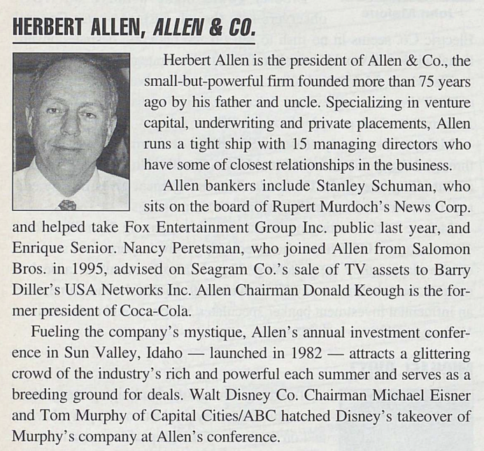 <em>THR</em>‘s January 1999 “Wall Street Players: Power Brokers” entry on Herb Allen.