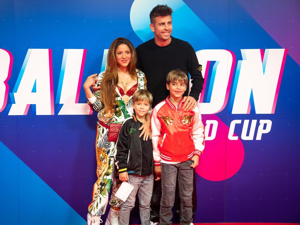 Shakira, Gerard Piqué, and their two children together in October 2021 in Spain.