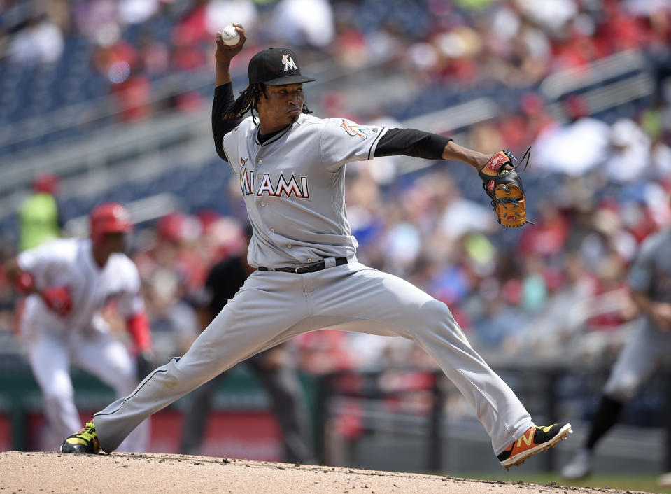 Miami Marlins starting pitcher Jose Urena delivers during the second inning of a baseball game against the Washington Nationals, Sunday, Aug. 19, 2018, in Washington. (AP Photo/Nick Wass)
