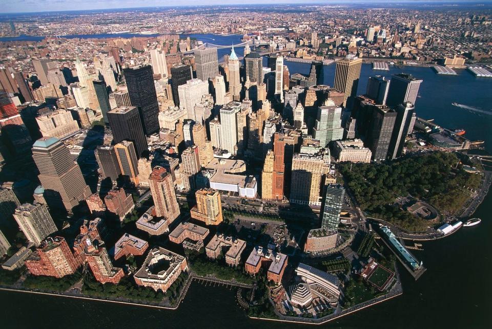 An aerial view of Lower Manhattan in New York City.