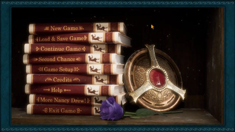The loading screen for Nancy Drew: Treasure in the Royal Tower shows players their options as a pile of red books: new game, load and save, and exit.