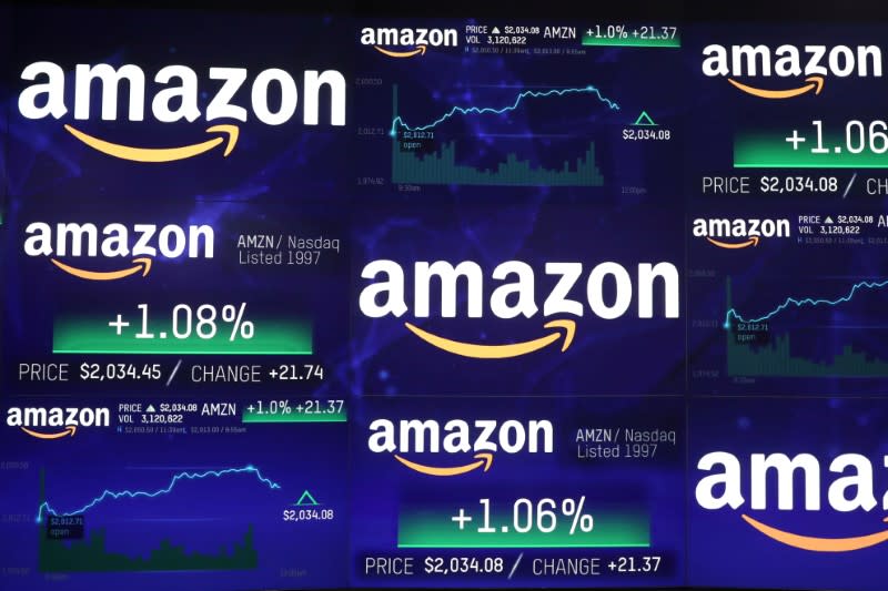 FILE PHOTO: The Amazon.com logo and stock price information is seen on screens at the Nasdaq Market Site in New York City