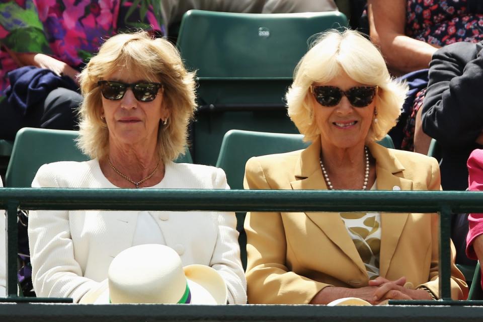 Camilla, Duchess of Cornwall (r) and Annabel Elliot (l) on day three of the Wimbledon Lawn Tennis Championships at the All England Lawn Tennis and Croquet Club at Wimbledon on June 25, 2014 (Getty Images)