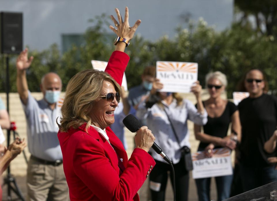 Kelli Ward, chair of the Arizona Republican Party, speaks during a campaign event for U.S. Sen. Martha McSally at the Arizona Republican Party headquarters in Phoenix on Nov. 2, 2020.