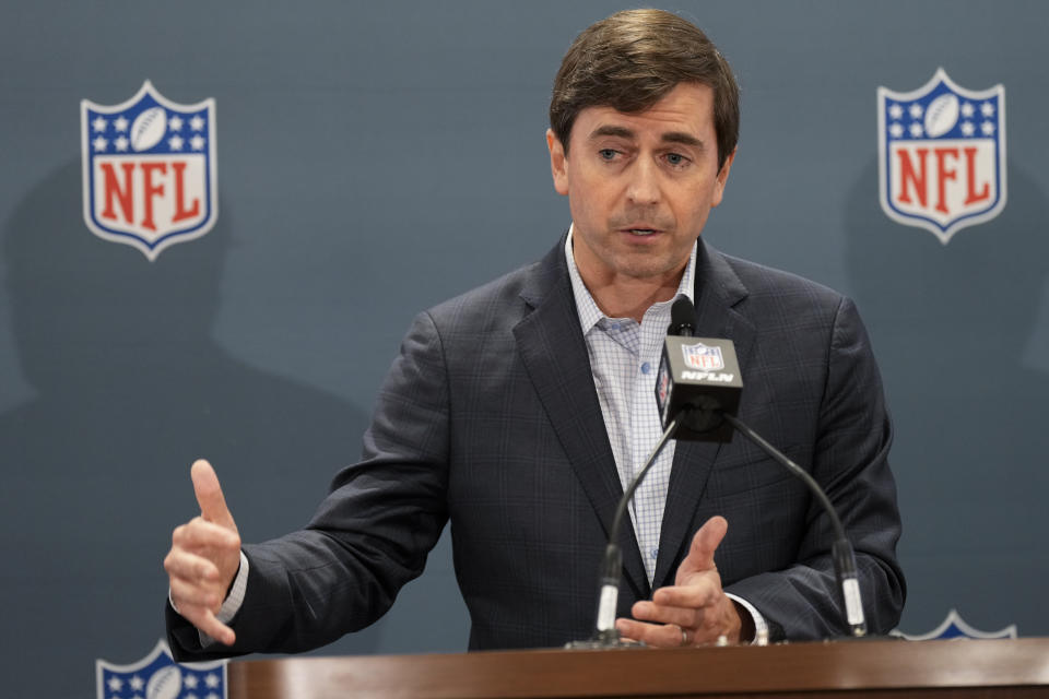 The NFL's head of international affairs Peter O'Reilly speaks during a news conference at the football league's owners spring meetings Tuesday, May 21, 2024, in Nashville, Tenn. (AP Photo/George Walker IV)